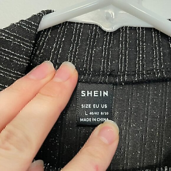 SHEIN Black Silver Metallic Striped Cross Front Cutout Long Sleeve Crop Top 8 10 - Picture 4 of 11